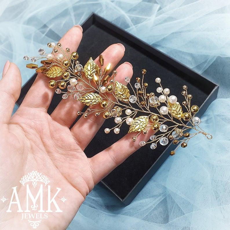 زفاف - Bridal gold hair vine, gold leaves hairpiece