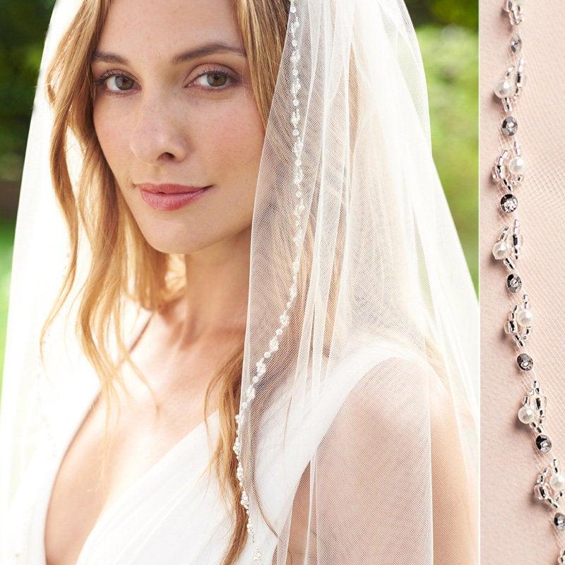 زفاف - Pearl & Crystal Wedding Veil, Pearl Bridal Veil, Beaded Veil, Ivory Veil for Bride, Fingertip Length Bridal Veil, 1 Layer Veil ~VB-5062
