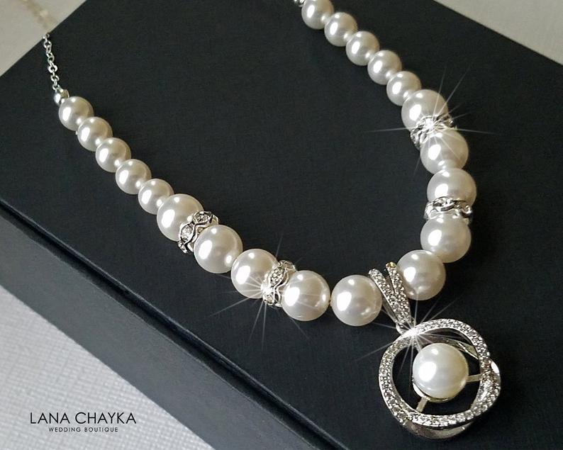 Hochzeit - Pearl Bridal Necklace, Swarovski White Pearl Silver Necklace, Wedding Necklace, Bridal Pearl Jewelry, Wedding Jewelry, Statement Necklace