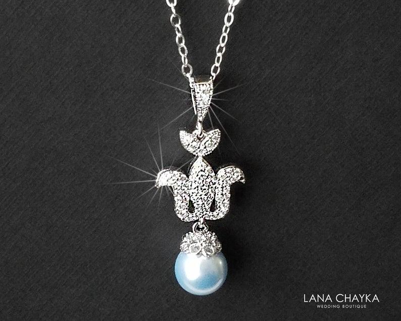 Hochzeit - Blue Pearl Bridal Necklace, Swarovski 8mm Light Blue Pearl Pendant, Wedding Pearl Silver Necklace, Bridal Jewelry, French Lily Pearl Pendant