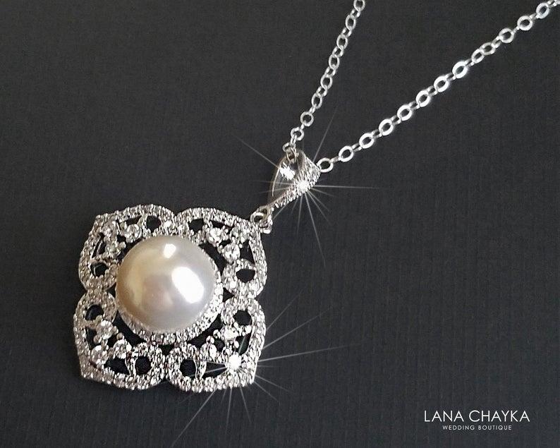 Свадьба - Pearl Bridal Necklace, White Pearl Wedding Pendant, Bridal Wedding Jewelry, Pearl Silver Necklace, Filigree Pearl Necklace, Prom Necklace