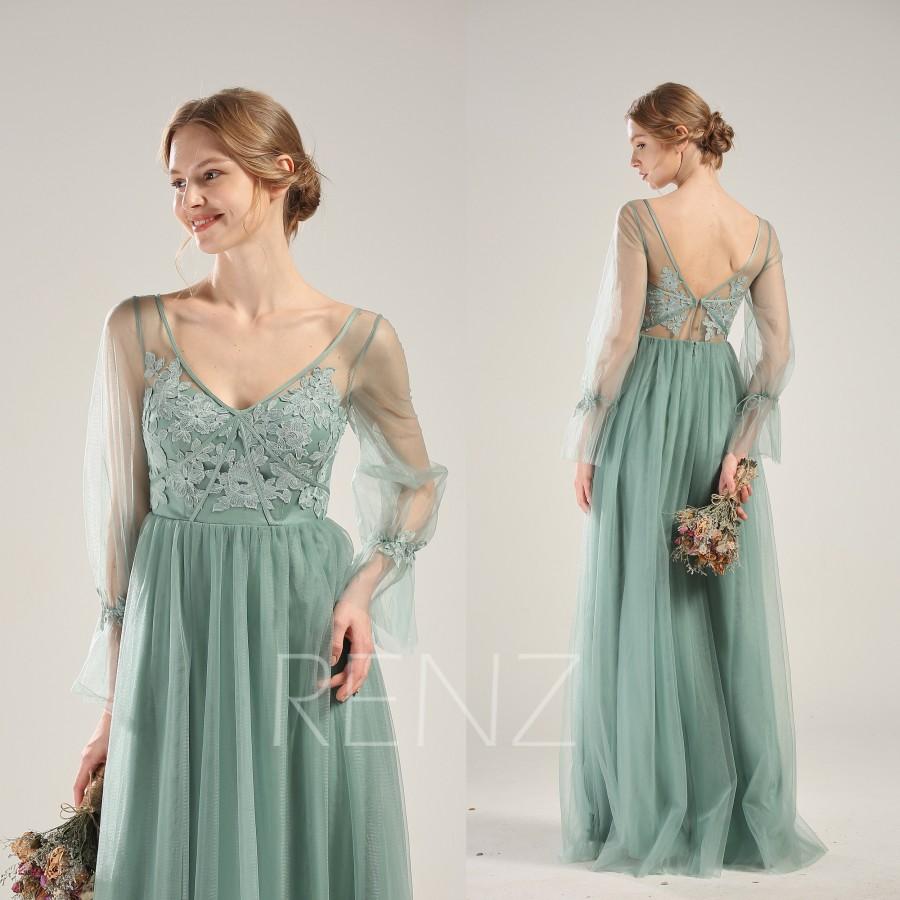 Mariage - Bridesmaid Dress Dusty Green Wedding Dress Lace Long Sleeves Bridesmaid Dresses V Neck A-line Long Tulle Formal Dress (LS591)