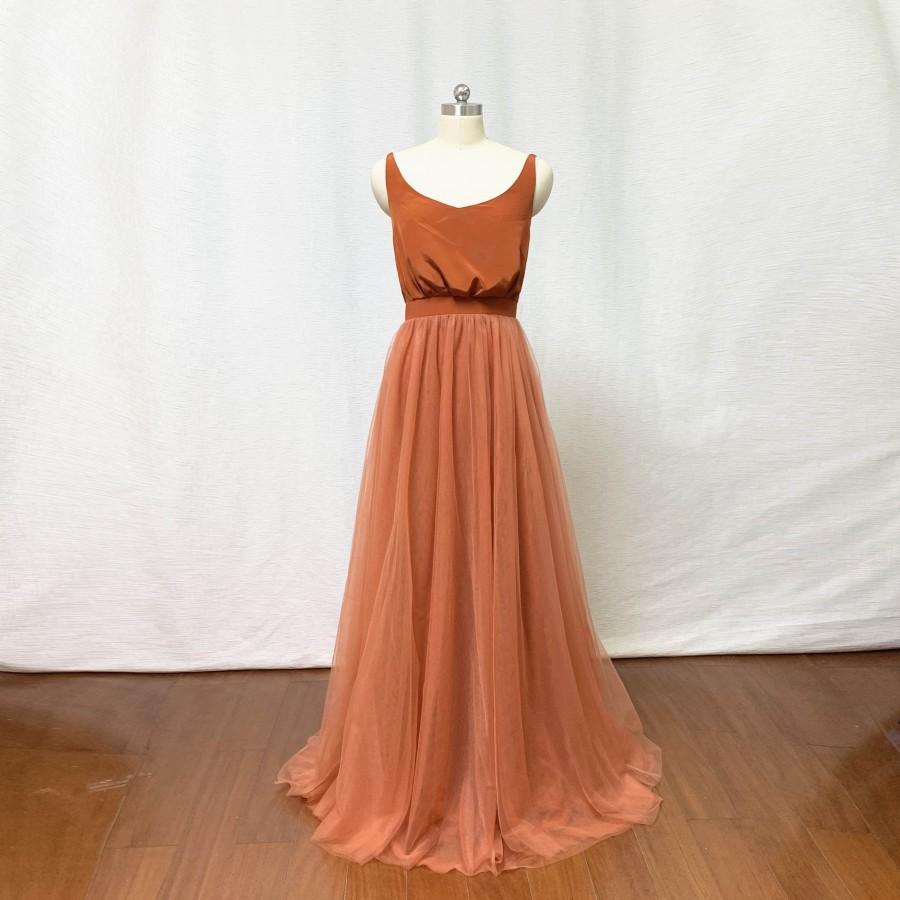 Wedding - Burnt Orange Chiffon Tulle Long Bridesmaid Dress