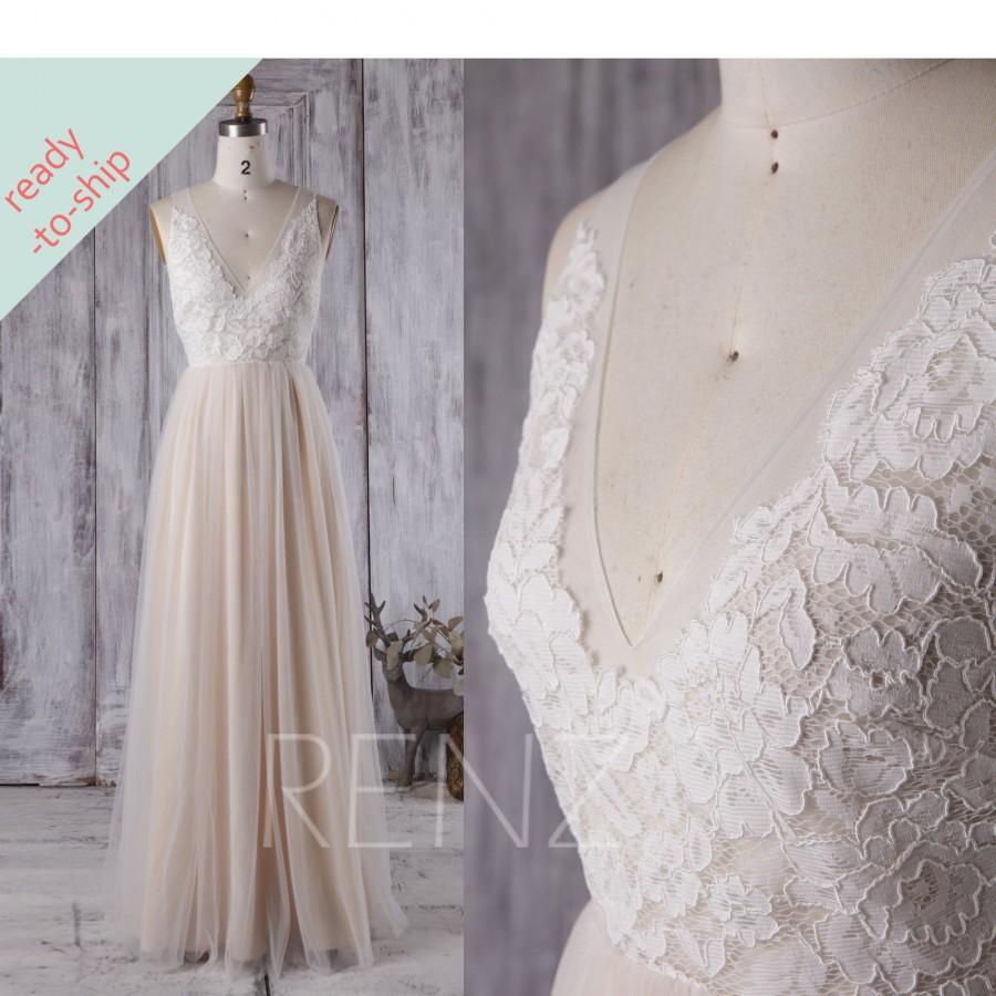 Hochzeit - Wedding Dress Lace White Prom Dress Long Tulle Dress Illusion V Neck Open Back A-Line Maxi Dress Ready-to-Ship - LS162