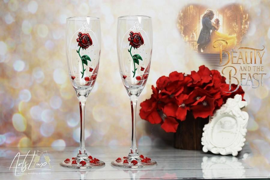 Hochzeit - Beauty and the Beast Enchanted Rose Wedding toast flute-Wedding Champagne Glasses-Magic of the Roses-Red Roses toasting flutes-Wedding Gift