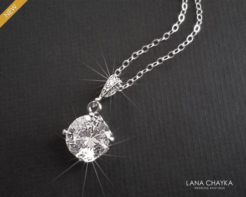 Mariage - Cubic Zirconia Bridal Necklace, Sparkly Crystal Silver Necklace, Wedding Zirconia Necklace, Bridal Cubic Zirconia Jewelry, Charm Necklace