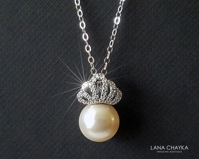 Hochzeit - Pearl Bridal Necklace, Swarovski Ivory Pearl Crown Pendant, Pearl Tiara Necklace, Wedding Ivory Pearl Jewelry, Single Pearl Silver Pendant