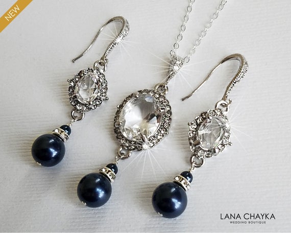 Mariage - Navy Blue Pearl Jewelry Set, Swarovski Night Blue Earrings&Necklace Set, Wedding Deep Blue Jewelry, Dark Blue Jewelry Set, Bridal Party Gift