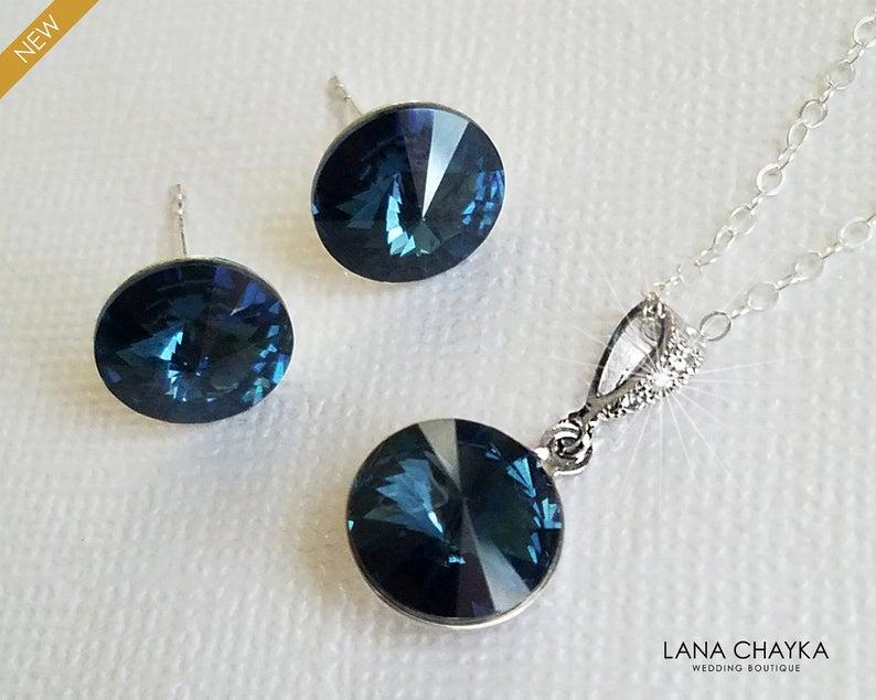 Свадьба - Navy Blue Crystal Jewelry Set, Swarovski Montana Blue Silver Jewelry Set, Deep Blue Earrings&Necklace Set, Wedding Jewelry Bridal Party Gift