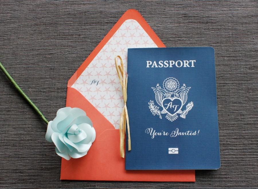 زفاف - Starfish Passport Wedding Invitation - Navy & Coral - Available in all colors + foil