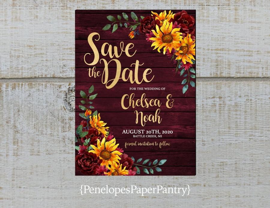 زفاف - Rustic Burgundy Fall Wedding Save The Date Card,Sunflowers,Burgundy Roses,Barn Wood,Gold Print,Shimmery,Personalize,Printed Cards