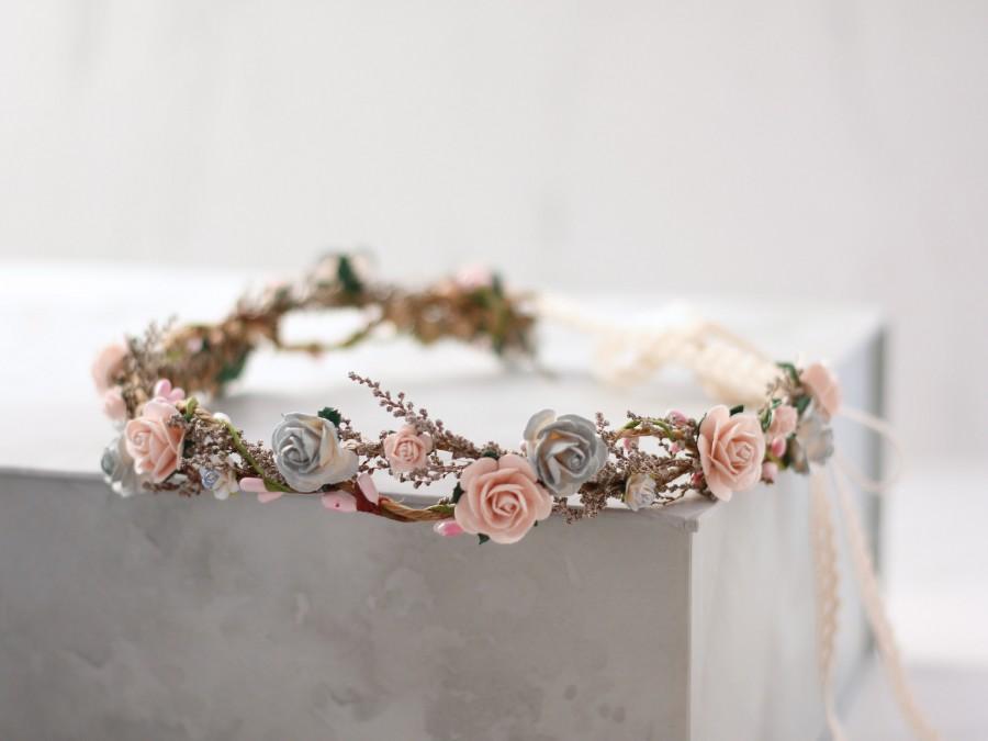 Свадьба - Blush gray flower crown wedding, simple flower crown, dainty floral headband, boho hair wreath, bridal rustic crown, bohemian floral crown