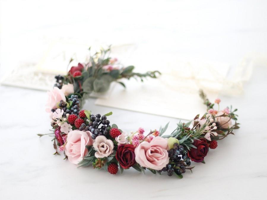زفاف - Blush burgundy flower crown wedding, woodland floral crown bride, burgundy flower wreath, flower girl halo