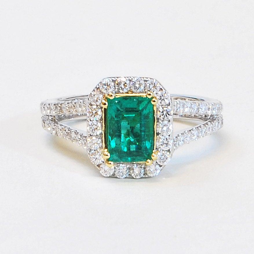 Mariage - Emerald Ring - 14K White and Yellow Gold Emerald and Diamond Halo Ring