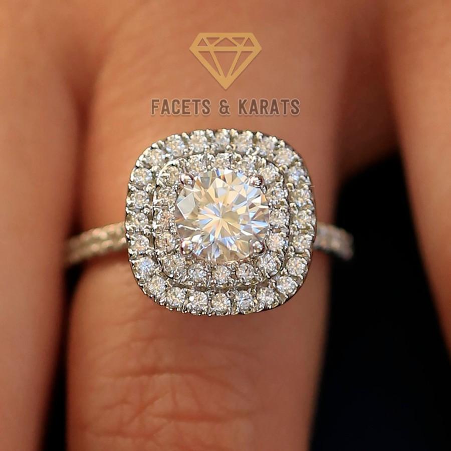 زفاف - 2 Carat Round Double Halo Engagement Ring, Wedding Bridal Ring Set in Solid 14k White Gold Lab Created Man Made Synthetic Simulated Diamonds