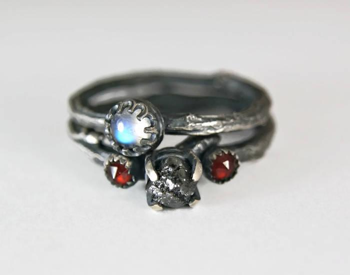 Wedding - Rough Black Diamond Wedding Set Rustic Moonstone Alternative Engagement Ring Sterling Silver Uncut Diamond Ring