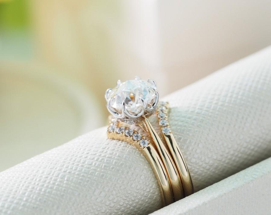 Mariage - Vintage engagement ring set, Old european cut 2ct moissanite ring set,diamonds 14k 18k white gold, yellow gold harro