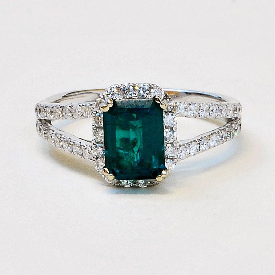 Wedding - Emerald Ring - 14K Gold Diamond and Emerald Halo Ring