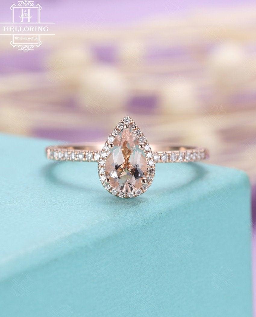 Mariage - Pear shaped engagement ring Rose gold Morganite engagement ring Women Wedding Halo diamond Anniversary gift Bridal jewelry Half eternity