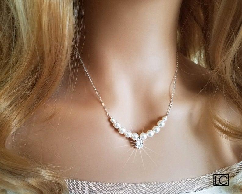 Mariage - White Pearl Bridal Necklace, Pearl Silver Wedding Necklace, Swarovski Pearl Dainty Necklace, Bridal Jewelry, Wedding Jewelry, Prom Necklace