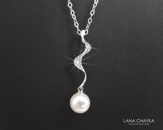 زفاف - White Pearl Sterling Silver Necklace, Swarovski Pearl Necklace, Wedding Pearl Necklace, White Single Pearl Pendant, Pearl Bridal Jewelry,
