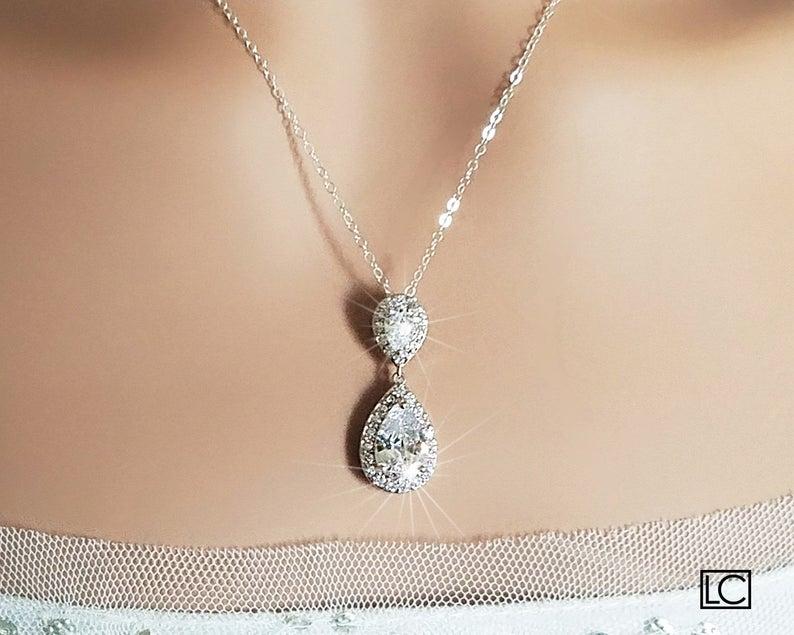 Wedding - Cubic Zirconia Bridal Necklace, Teardrop Crystal Necklace, Wedding Crystal Silver Pendant, Bridal Crystal Jewelry, Wedding Prom Jewelry