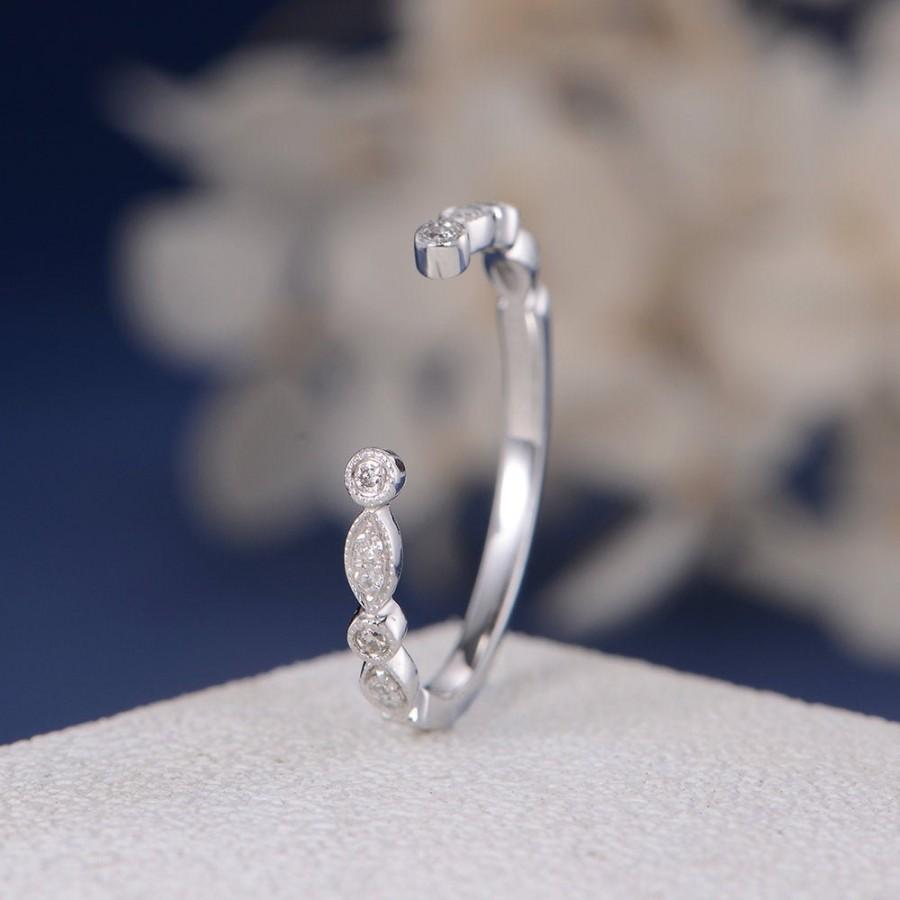 زفاف - Art Deco Diamond Wedding Band Women Open Cuff Ring Bridal Set Eternity Antique White Gold Adjustable Stacking Dainty Thin Anniversary Ring