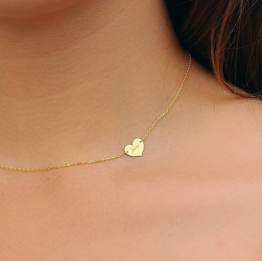 زفاف - 14K Solid Gold Personalized Minimal Heart Necklace, Choker Name Necklace, Name Engraved Heart Necklace, Custom Name Necklace