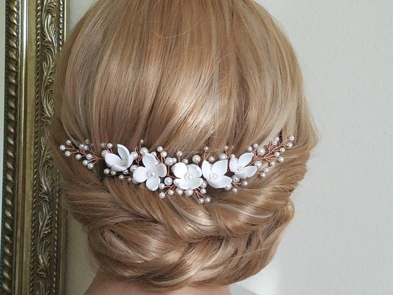 Wedding - Rose Gold Pearl Hair Vine, White Pearl Floral Bridal Hair Vine, Wedding Hair Wreath, Pearl Rose Gold Hair Jewelry, Spring Bridal Headpiece