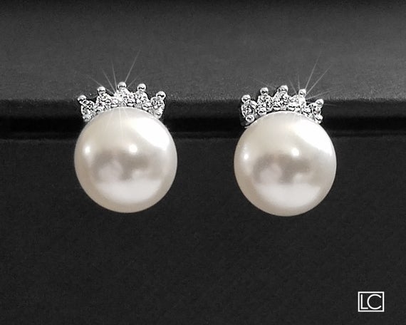Hochzeit - White Pearl Wedding Earrings, Swarovski 8mm Pearl CZ Earrings, Bridal Pearl Earring Studs, Wedding Jewelry, Bridesmaids Earrings, Prom Studs