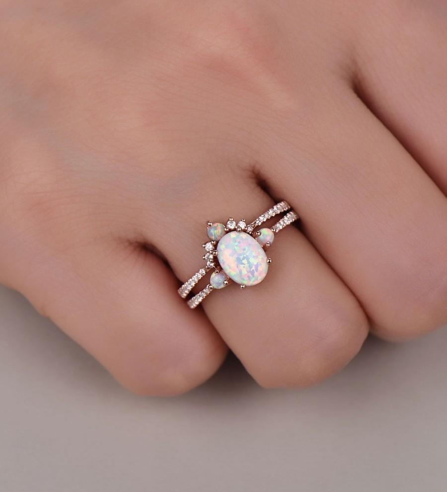 Wedding - Opal Ring,White Fire Opal Engagement Ring Set,Oval Opal Bridal Set,CZ Diamond Eternity Band,Silver Opal Ring,14K Rose Gold Opal Wedding Ring