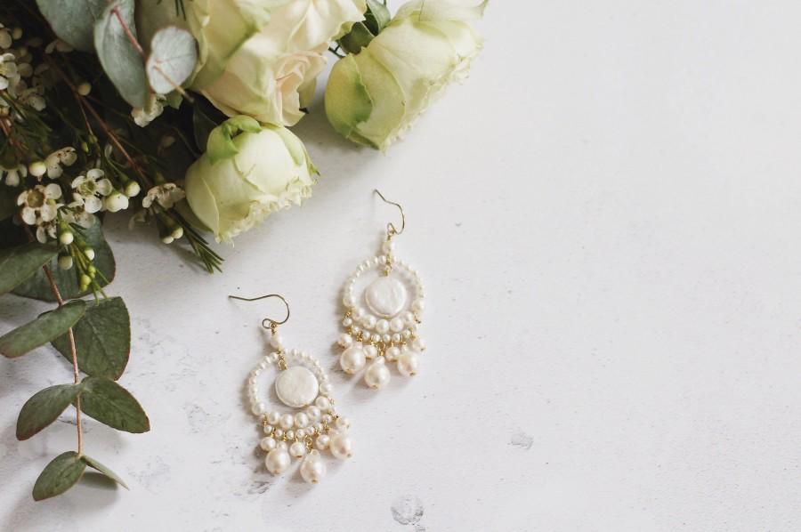 Hochzeit - Boho bridal earrings, freshwater pearl earrings, wedding earrings, boho bride jewelry, statement pearl earrings, boho wedding earrings