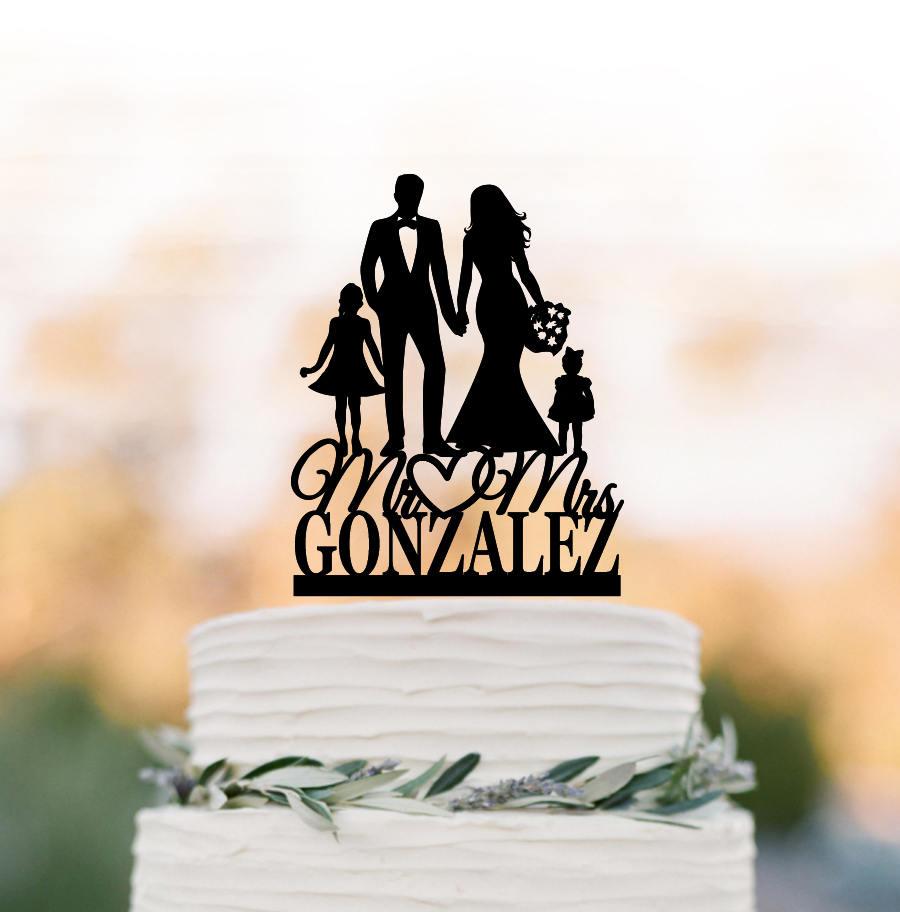 Wedding - bride and groom two daughter family silhouette Wedding Cake topper with girls, Customized wedding cake toppers