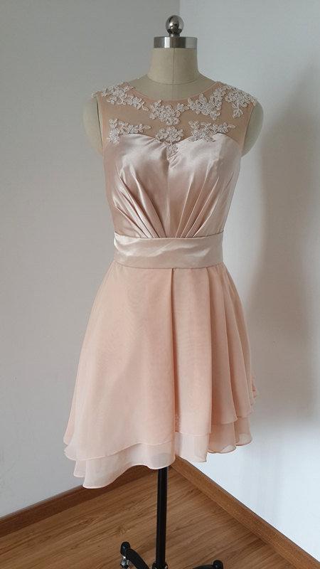 زفاف - Asymmetrical Light Peach Lace Chiffon Short Bridesmaid Dress