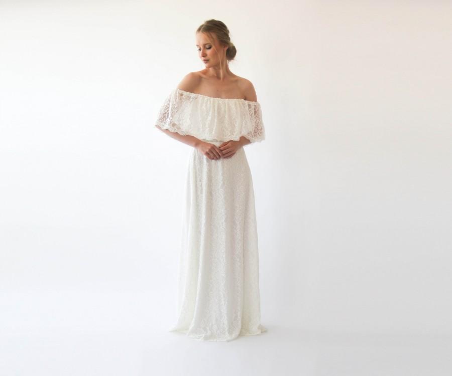 زفاف - SALE Ruffled Crinkle Off-shoulder Wedding Dress , Ivory lace wedding dress 1229