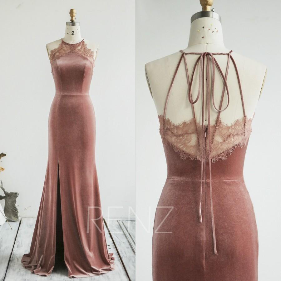 Mariage - Bridesmaid Dress Dusty Rose Velvet Wedding Dress Halter Mermaid Prom Dress Spaghetti Straps Illusion Lace Back Fitted Formal Dress (HV952)