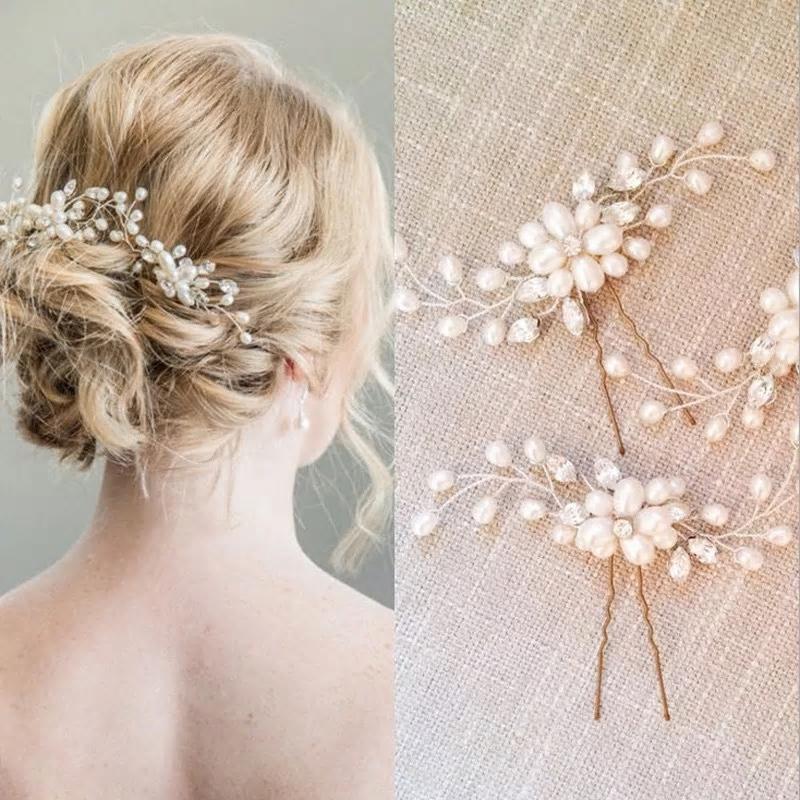 Wedding - Set of 3 Handmade Faux Pearl Bridal Gold Hair Pins