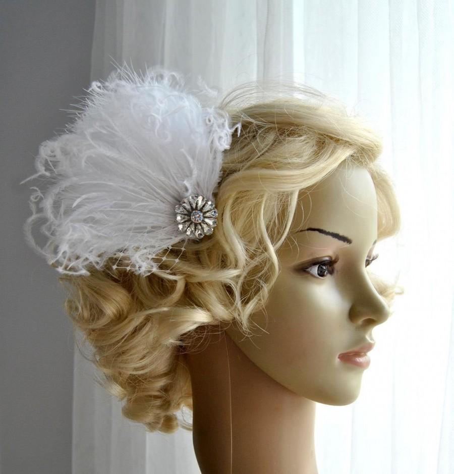 Wedding - 1920s Rhinestone head piece , Bridal White hairpiece headbpiece Feather Fascinator,1920s Headpiece Bridal fascinator Wedding fascinator