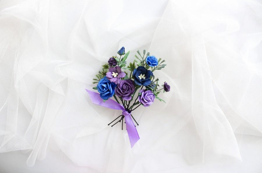 Mariage - Navy blue purple hair pin Flower hair pin Navy blue wedding Purple hair piece Bridesmaid hair pin Something blue Navy blue headpiece