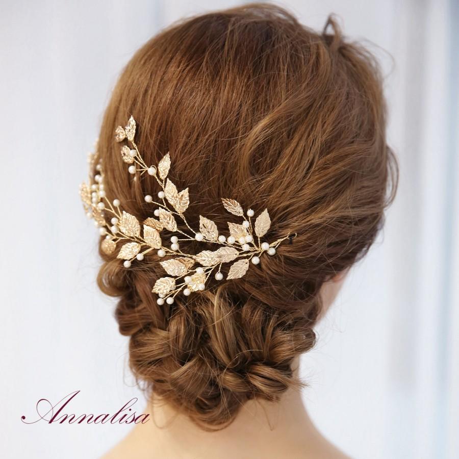 Wedding - Gold Hair Clip, Floral Wedding Hair Comb, Leaf Bridal Hair Comb, Pearl Hair Comb, Gold leaf Hair Clip, Hair Clip for Wedding HMH03748