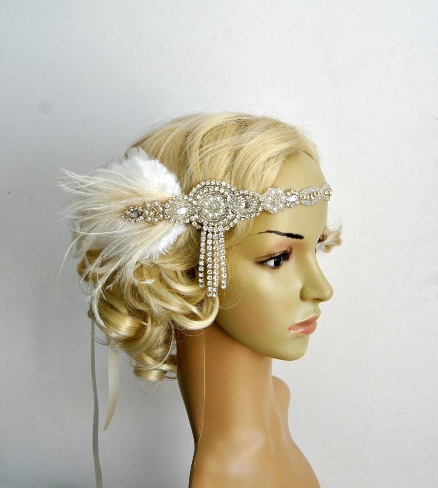 زفاف - The Great Gatsby 20's Ivory rhinestone pearls flapper headband,20's flapper Headpiece headband, Bridal Headband, Crystal Ribbon Headband