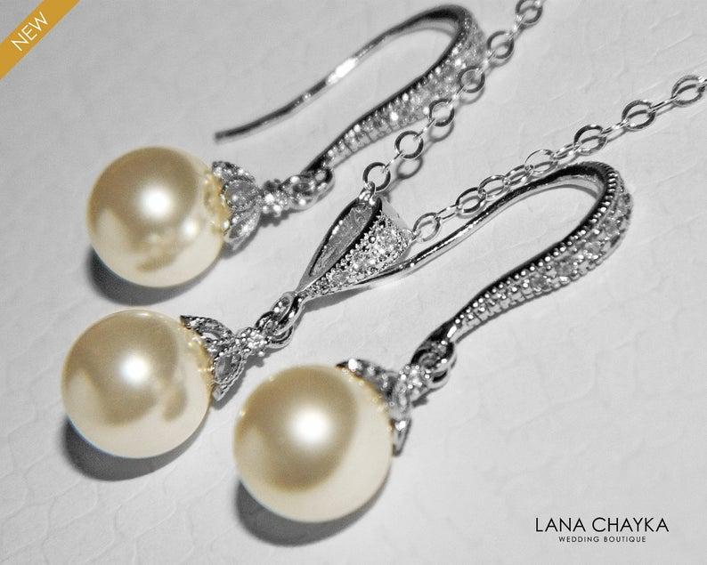 Wedding - Bridal Pearl Earrings and Necklace Set STERLING SILVER Small Drop Pearl Set Swarovski 8mm Ivory Pearl Necklace&Earring Set Wedding Jewelry