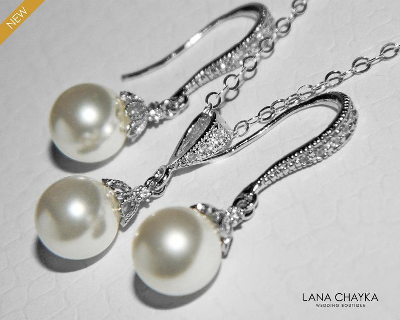زفاف - White Pearl Earrings Necklace Set, Swarovski White Pearl Set, Wedding White Drop Pearl Silver Set, Bridal Bridesmaids Pearl Jewelry Set