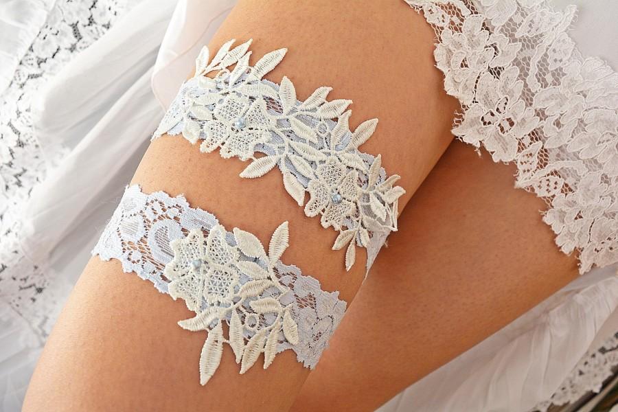 Hochzeit - White Blue Lace Wedding Garter Set Belt For Brides, Bridal Garter Blue, Wedding Garter Set White Bridal Gift Burlesque Set Baby Blue Garters