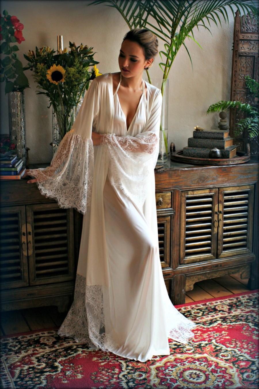 Hochzeit - Satin Bridal Robe Lace Trimmed Angel Sleeve Wedding Sleepwear Bridal Lingerie Wedding Kimono Robe Satin Lingerie Wedding Robe