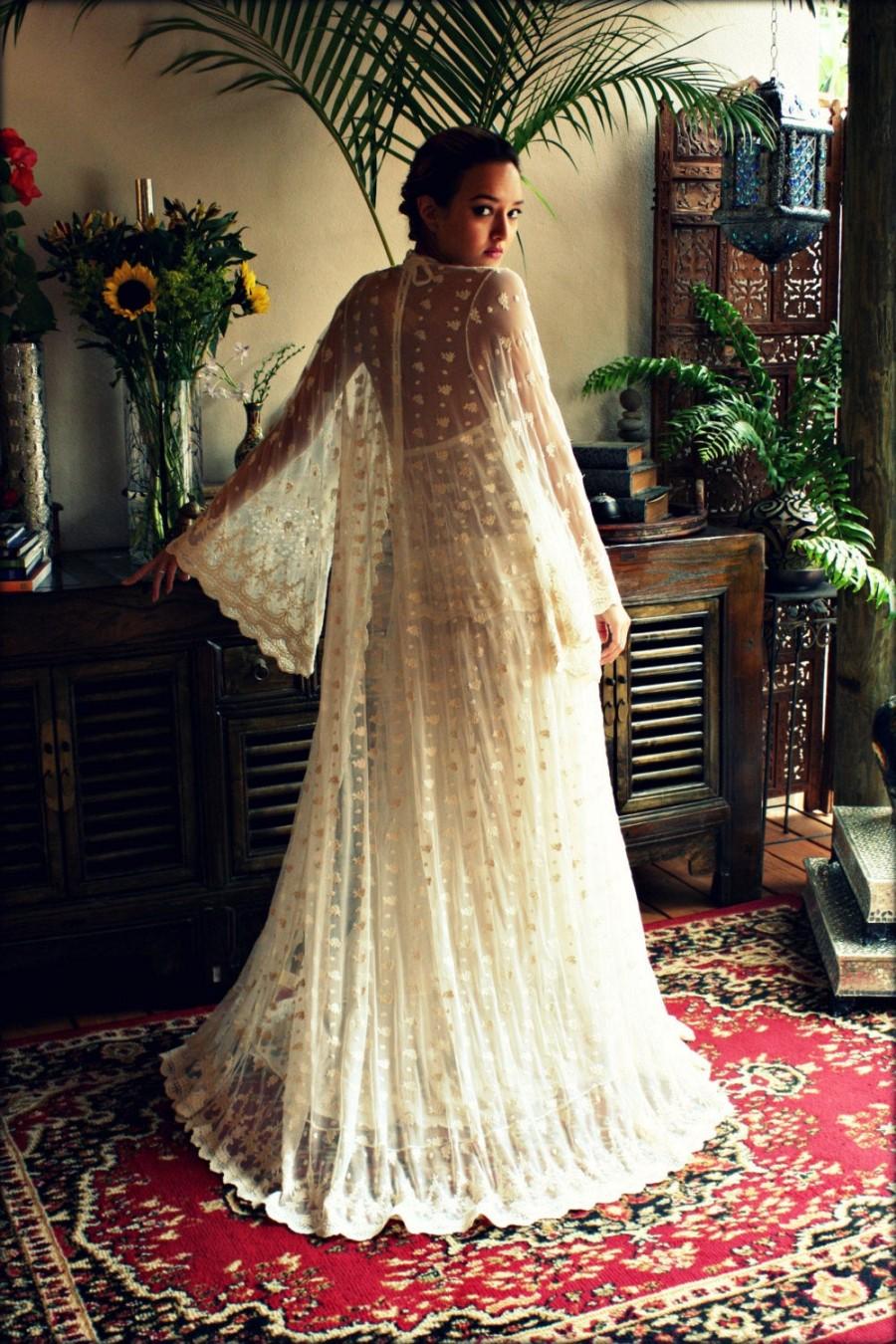 زفاف - Reign Collection Bridal Robe Embroidered French Lace Netting Wrap Angel Sleeve Wedding Lingerie Sleepwear Ivory Lace Dressing Gown