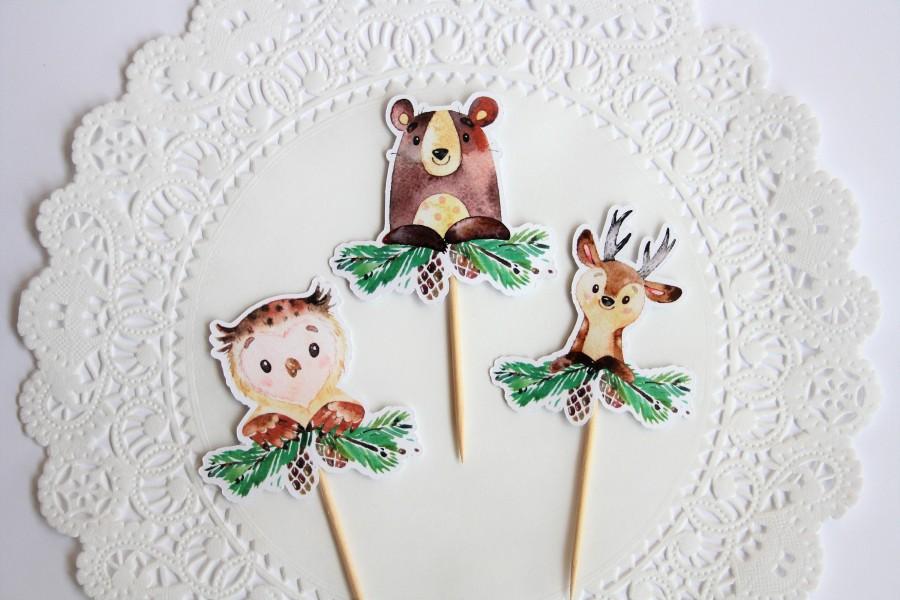 Mariage - Woodland Cupcake Toppers. Woodland Theme. Bear. Owl. Deer. Animal Party. Woodland Decor. Woodland Party. Rustic Theme. Pinecones. Forest