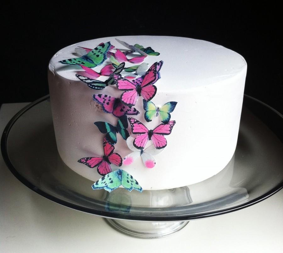 زفاف - EDIBLE Butterfly Cake Decorations - 24 Green and Pink - Edible Butterfly Wedding Cupcake Toppers - PRECUT and Ready to Use