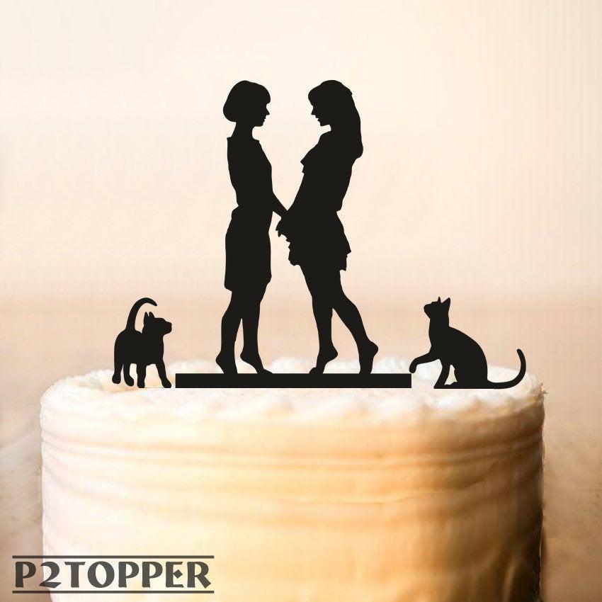 Hochzeit - Lesbian with cat wedding cake topper,same sex wedding cake topper,mrs and mrs cake topper,lesbian silhouette,bride bride cake topper (081)