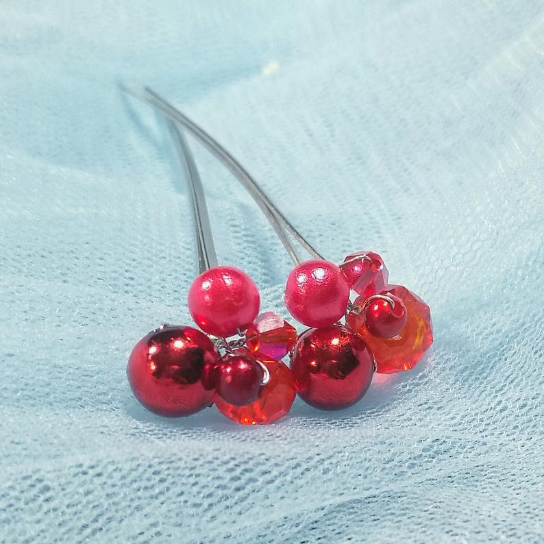 Wedding - Set of red hair pins, cluster of red beads, red bridesmaid headpiece, bridesmaid hair pins, red hair accessories, minimalist hair pieces